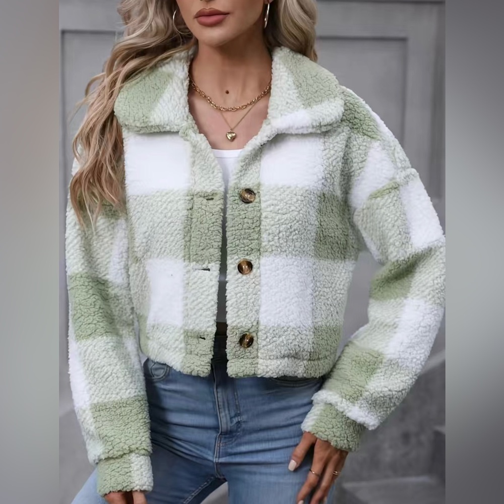 Plaid Teddy Coat, Casual Button Front Long Sleeve Winter Warm Outerwear, Women's